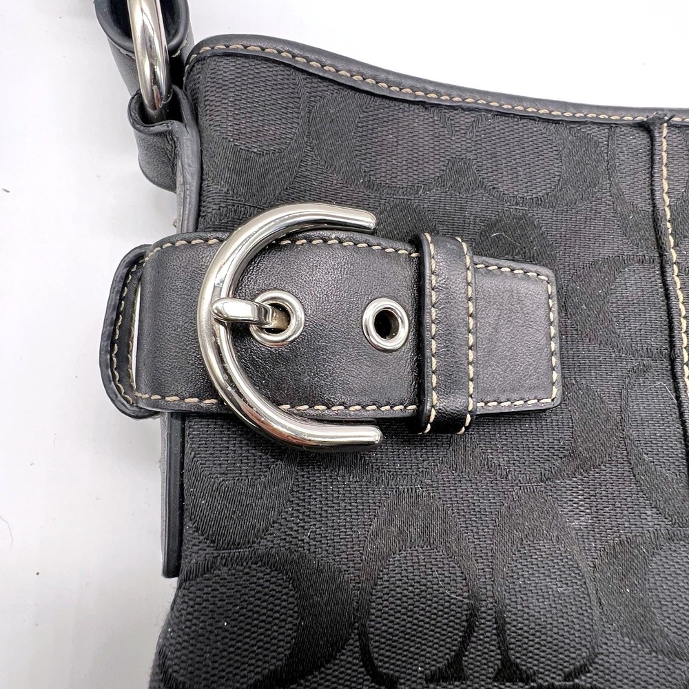 Coach Signature Jacquard Black Fabric‎ With Leather Shoulder Bag Hobo J05M-3577 - Picture 6 of 13